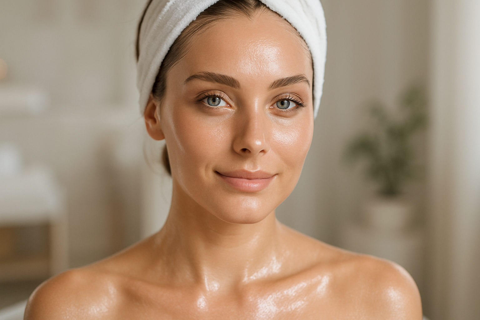 A beautiful woman with blu eyes after a face skin treatment